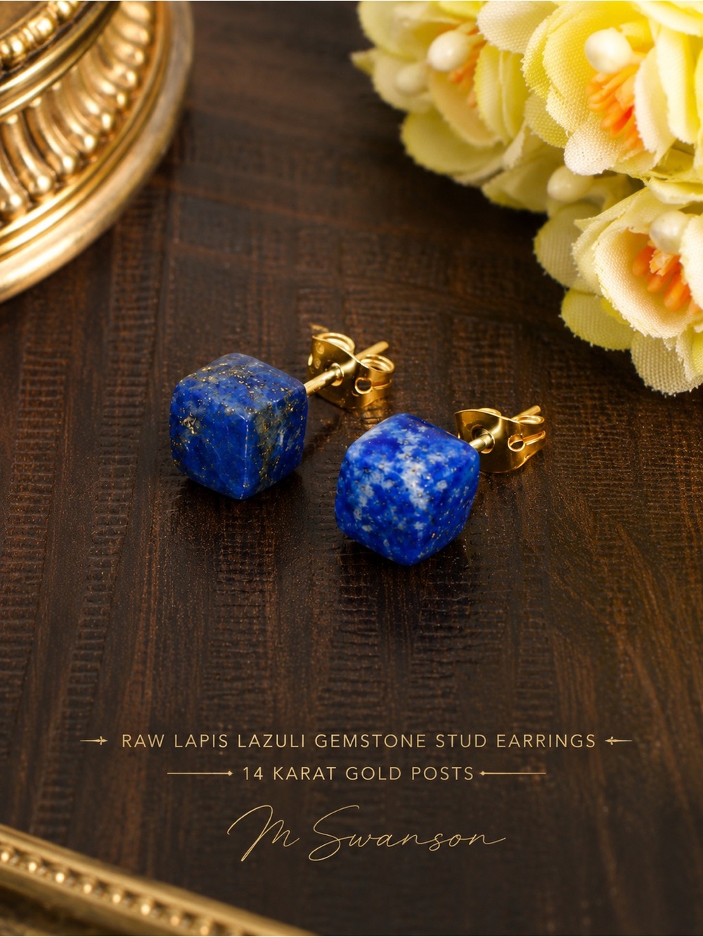 NEW Lapis Lazuli Stud Earrings Solid 14K Gold Posts & Backs Handmade USA - Picture 2 of 3